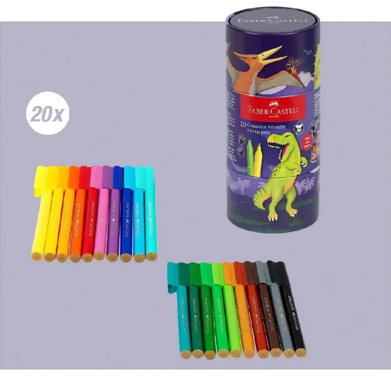 Faber-Castell filctoll készlet, 20db-os, dinoszauruszos, henger alakú fémdobozban