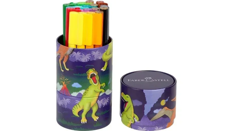 Faber-Castell filctoll készlet, 20db-os, dinoszauruszos, henger alakú fémdobozban