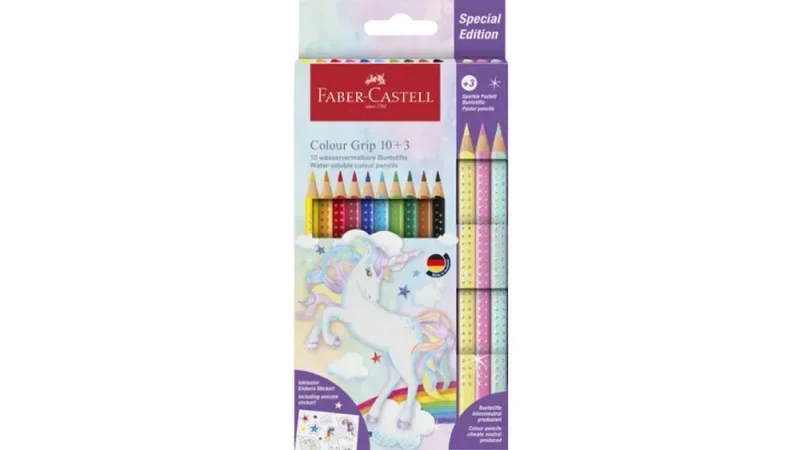Faber-Castell Színesceruza készlet, GRIP 2001, 10db+3db pasztell, matricával, unikornis
