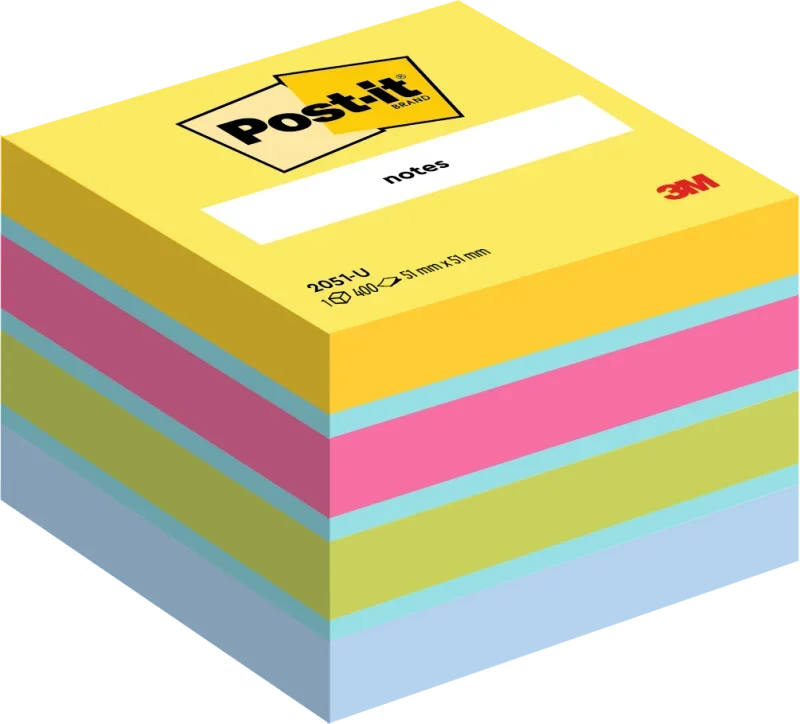 3M Post-it öntapadós jegyzettömb (51x51 mm, 400 lap) sárga, pink, zöld, v.kék