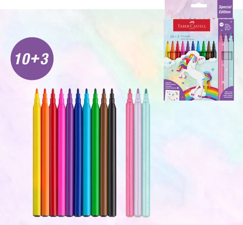 Faber-Castell Filctoll készlet 10+3db glitteres, matricával, unikornisos