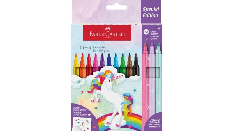 Faber-Castell Filctoll készlet 10+3db glitteres, matricával, unikornisos