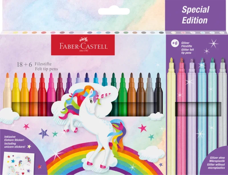 Faber-Castell Filctoll készlet 18+6db glitteres, matricával, unikornisos