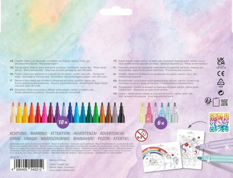 Faber-Castell Filctoll készlet 18+6db glitteres, matricával, unikornisos