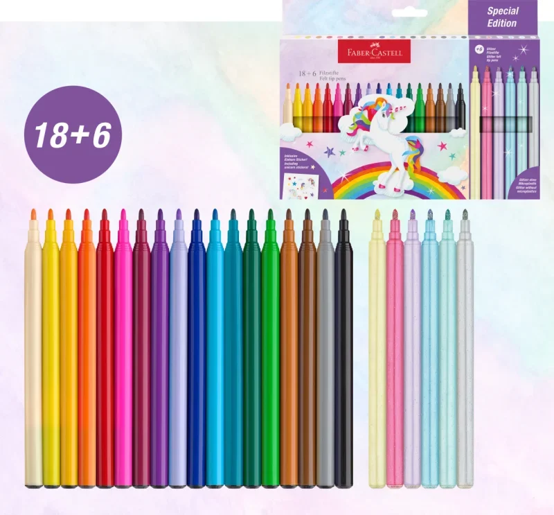 Faber-Castell Filctoll készlet 18+6db glitteres, matricával, unikornisos