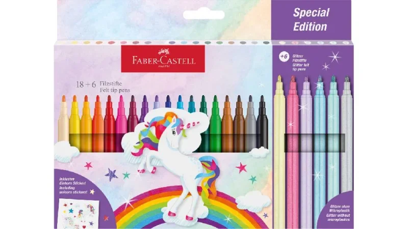 Faber-Castell Filctoll készlet 18+6db glitteres, matricával, unikornisos