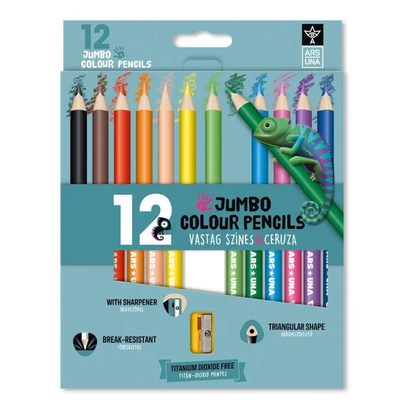 Ars Una 12 színű, háromszögletű színes ceruzakészlet hegyezővel, JUMBO