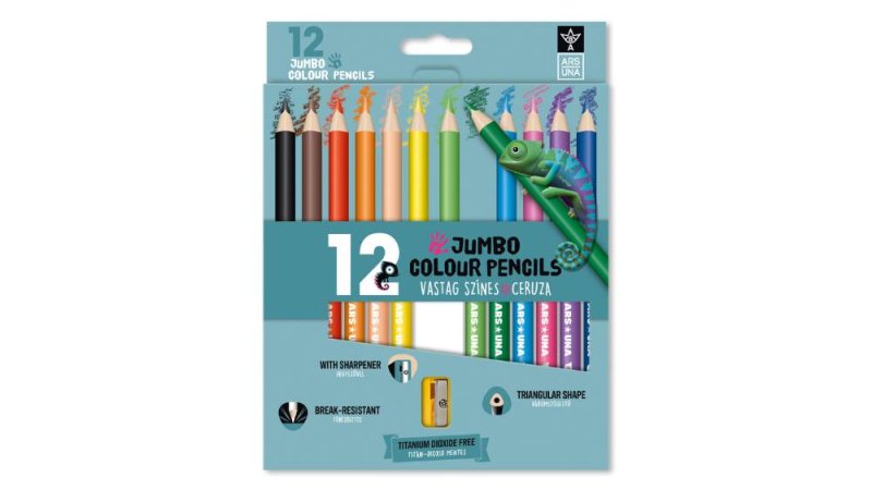 Ars Una 12 színű, háromszögletű színes ceruzakészlet hegyezővel, JUMBO