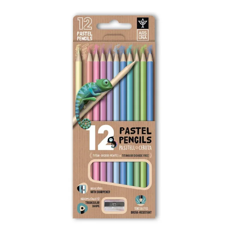 Ars Una 12 színű, háromszögletű színes ceruzakészlet hegyezővel, pasztell