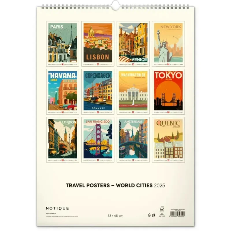 Reálszisztéma Falinaptár Travel Posters - World Cities 33 × 46 cm (2025)