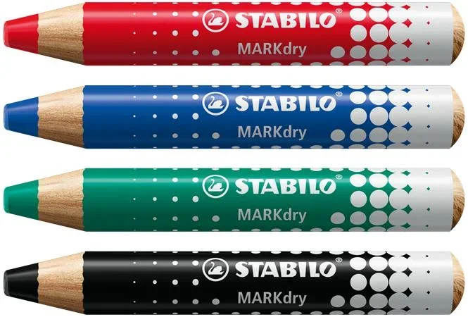 STABILO MARKdry vastag színes jelölő ceruza, 4 db-os készlet (piros, zöld, kék és fekete + törlőkendő és hegyező)