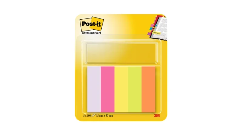 3M Post-it Jelölőlapok 15 × 50 mm, 5 × 100 lap, neon színek