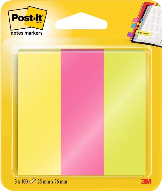 3M Post-it Jelölőlapok 25 × 76 mm, 3 × 100 lap, neon színek