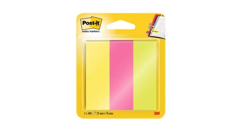 Post-it® Jelölőlapok, Energetic Színkollekció, 25 mm x 76 mm, 100 Lap/Tömb, 3 Tömb/Csomag, 100% PEFC, SGSCH-PEFC-COC-110078