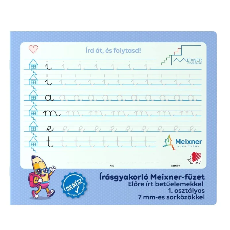 ICO Süni írás gyakorló, Meixner-féle sulikész füzet, 1. osztályos, 7mm sorközzel, előre írt betűelemekkel és betűkkel 36lap álló