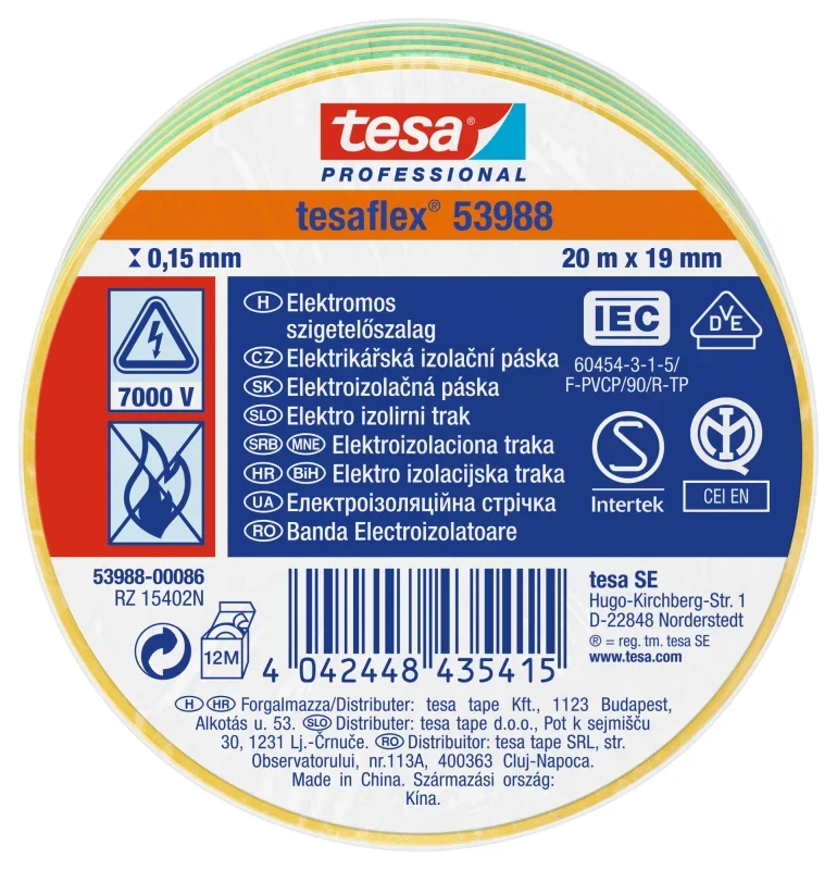 Tesa 53988-00086 szigetelőszalag zöld-sárga 20mx19mm