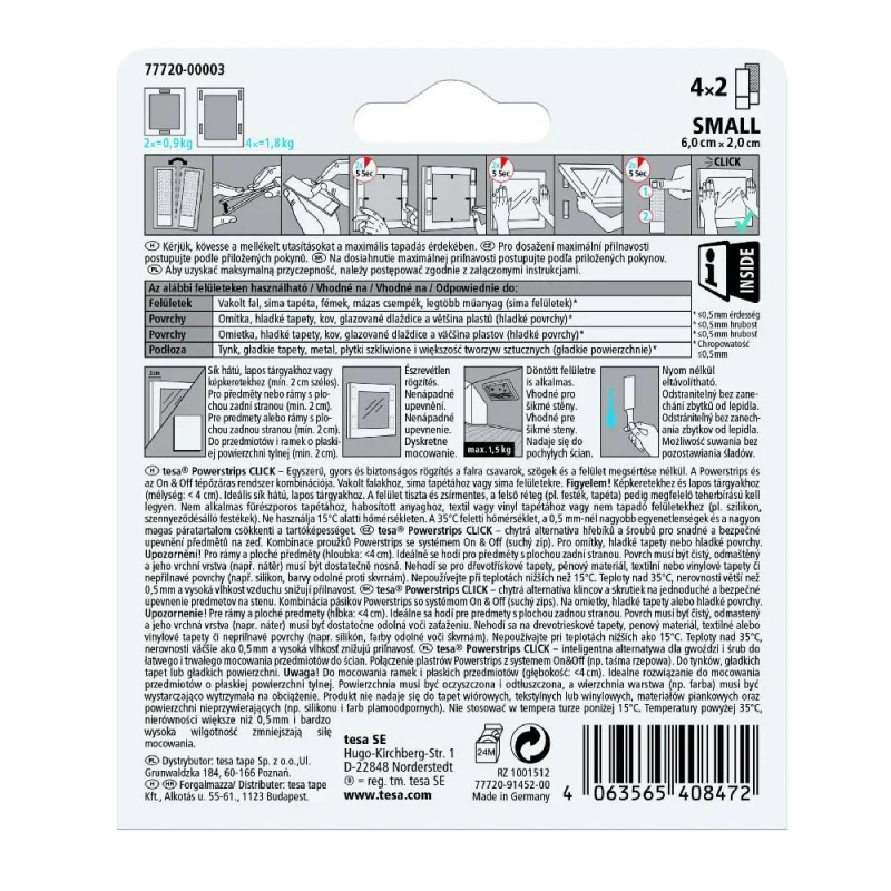 TESA 77720 POWERSTRIPS CLICK öntapadós tépőzár csíkok (S) 4 x 2db