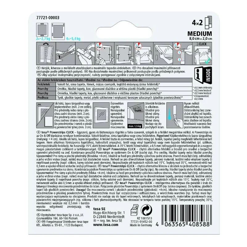 TESA 77721 POWERSTRIPS CLICK öntapadós tépőzár csíkok (M) 4 x 2db