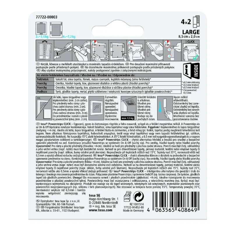 TESA 77722 POWERSTRIPS CLICK öntapadós tépőzár csíkok (L) 4 x 2db