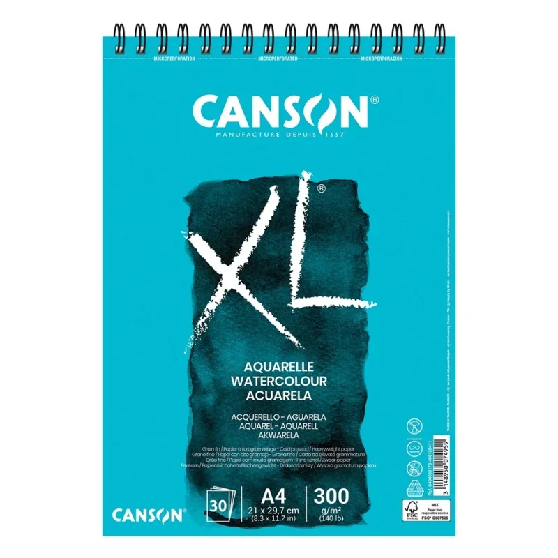 CANSON XL Aquarelle, savmentes, naturfehér akvarellpapírtömb A4, 30lap, 300g (rövid oldalán spirálozott, mikroperforált)