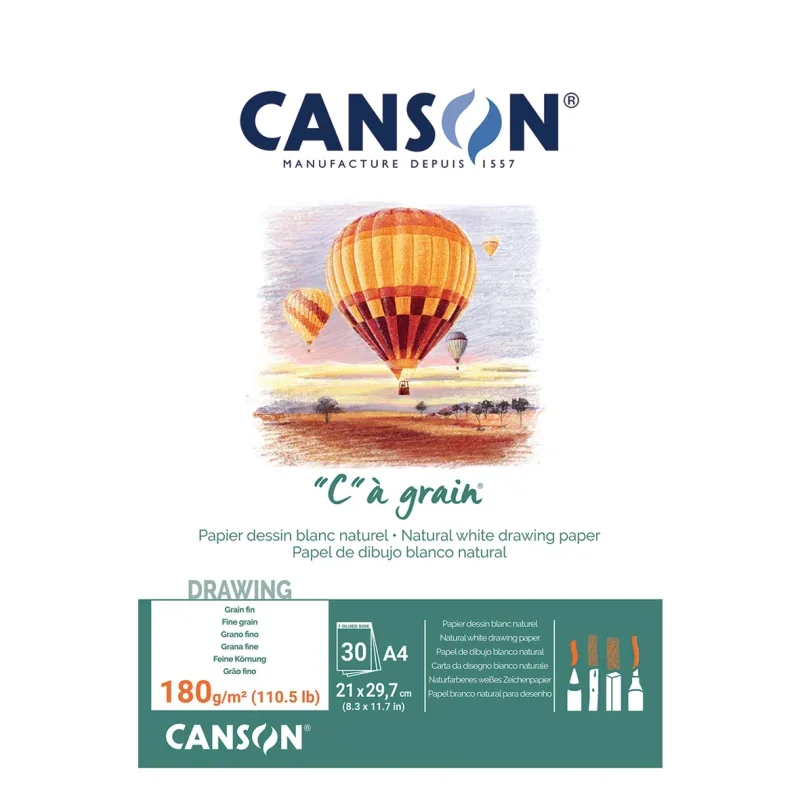 CANSON C á grain, természetes fehér rajzpapírtömb, finom szemcsés (rövid old.ragasztott) 180g, A4 30 ív