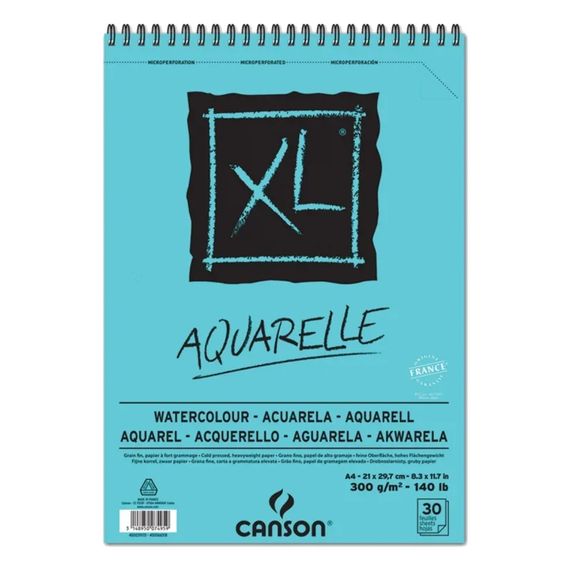 CANSON XL Aquarelle, savmentes, naturfehér akvarellpapírtömb A5, 20lap, 300g (rövid oldalán spirálozott, mikroperforált)