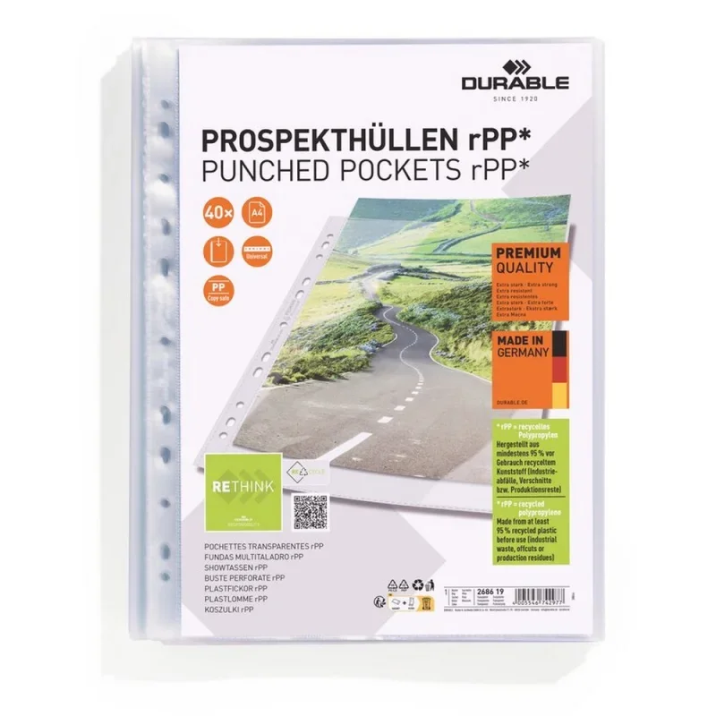 DURABLE lefűzhető tasak A4, PREMIUM, PP, újrahasznosított, 40db/csomag