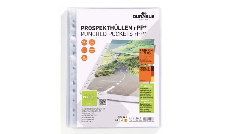 DURABLE lefűzhető tasak A4, PREMIUM, PP, újrahasznosított, 40db/csomag