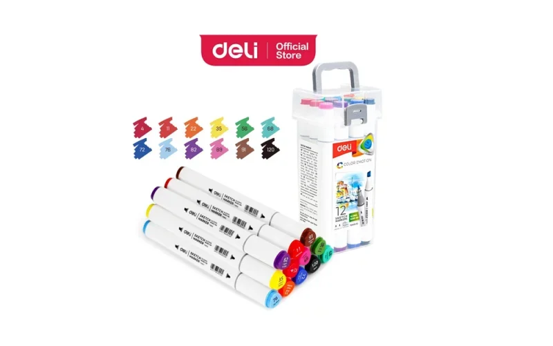 DELI Color Emotion Sketch Marker 12 db-os kétvégű kerek és vágott heggyel, háromszög test, alkoholos