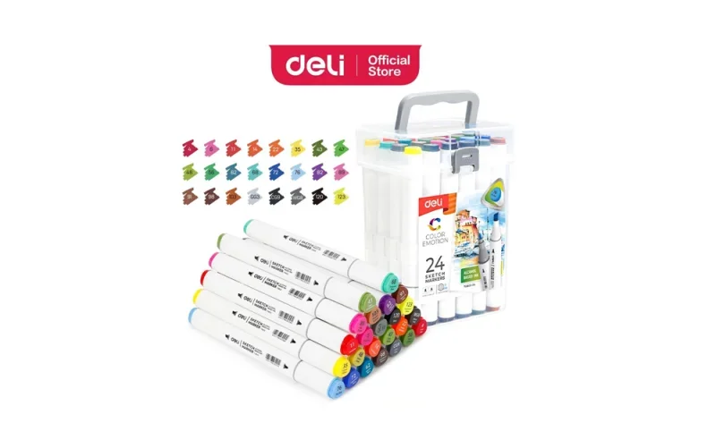 DELI Color Emotion Sketch Marker 24 db-os kétvégű kerek és vágott heggyel, háromszög test