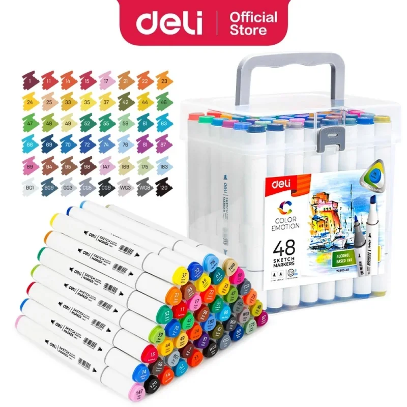 DELI Color Emotion Sketch Marker 48 db-os kétvégű kerek és vágott heggyel, háromszög test