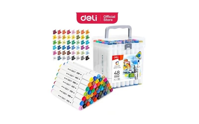 DELI Color Emotion Sketch Marker 48 db-os kétvégű kerek és vágott heggyel, háromszög test