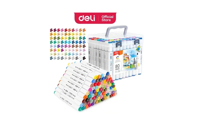 DELI Color Emotion Sketch Marker 80 db-os kétvégű kerek és vágott heggyel, háromszög test, alkoholos
