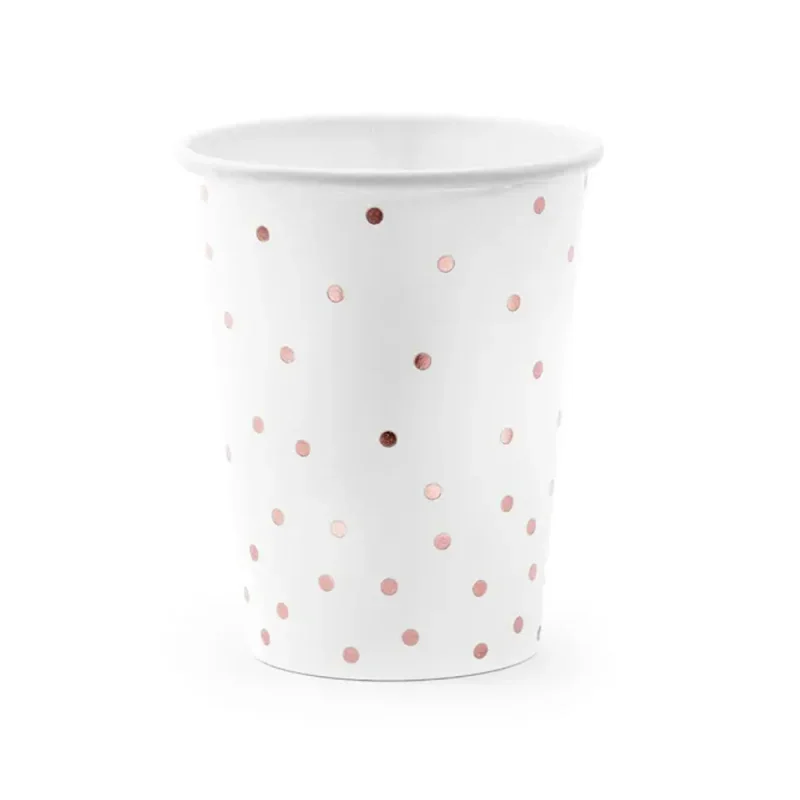 PartyDeco papírpohár, 6db, 260ml, fehér, rosegold pöttyös