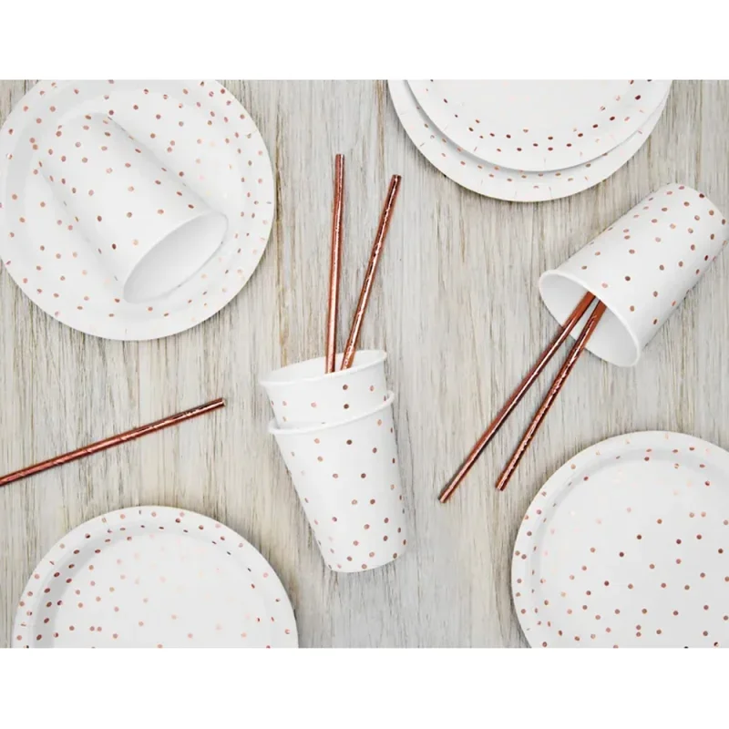 PartyDeco papírpohár, 6db, 260ml, fehér, rosegold pöttyös
