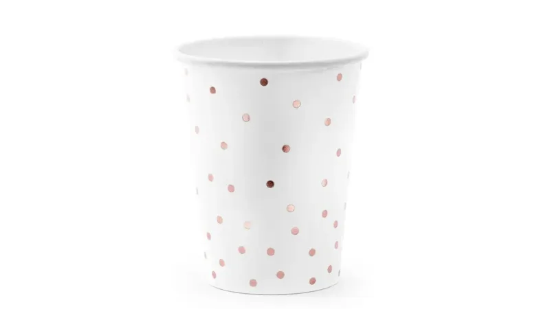 PartyDeco papírpohár, 6db, 260ml, fehér, rosegold pöttyös
