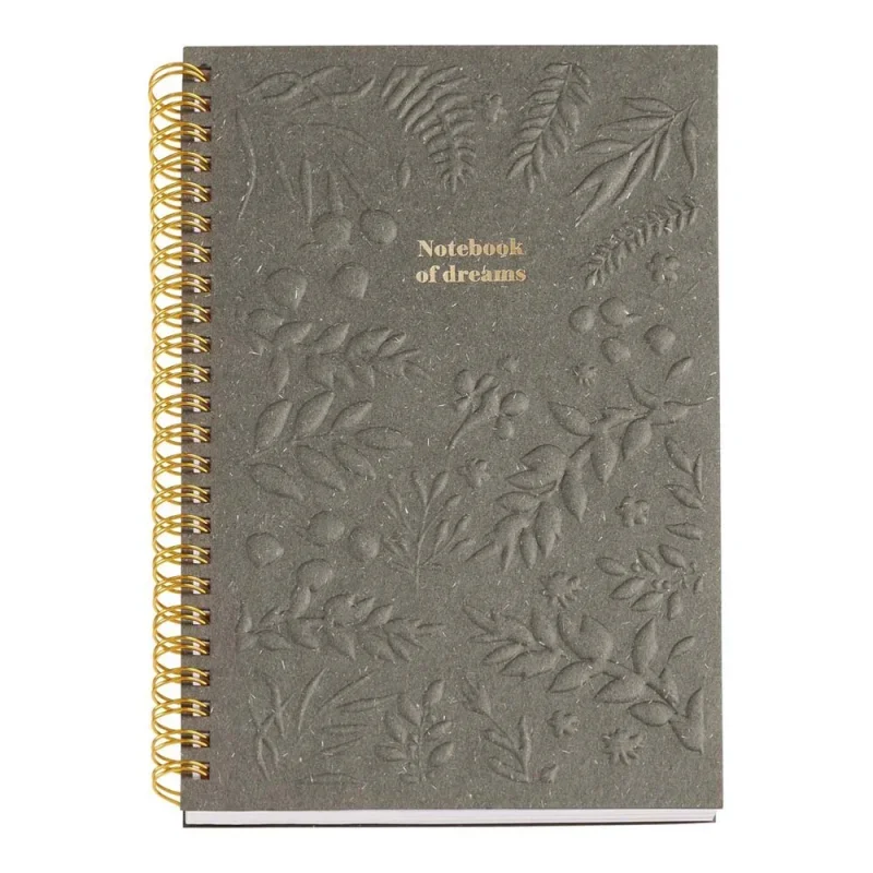Miquelrius spirál notesz, A5, 80 lap, von. szürke, növény lenyomattal, Bloom