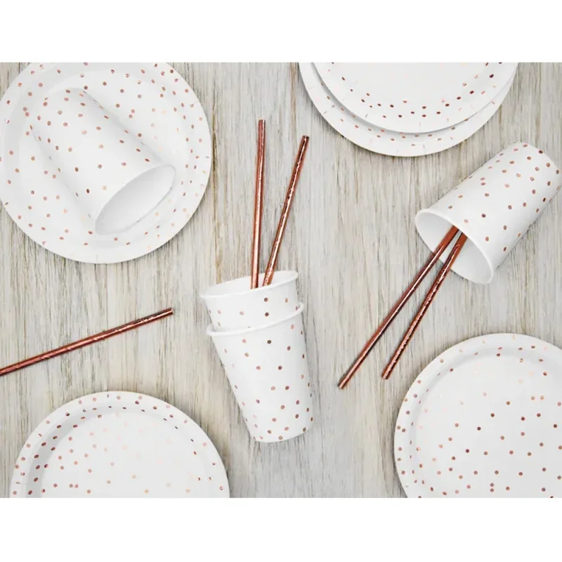PartyDeco tányér (6db, 18cm) fehér, rosegold pöttyös